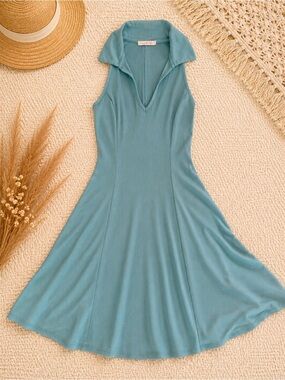 Collared V-Neck Swing Dress in Dusty Teal
